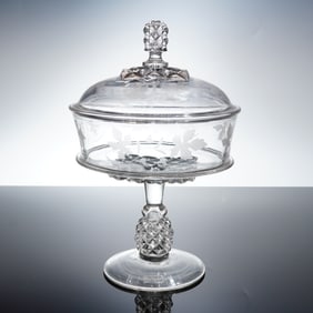 Early American Pressed Glass Covered Compote with Etched Leaf Pattern