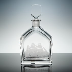 Orrefors Crystal Decanter with Stopper, Engraved Sailing Ship Motif