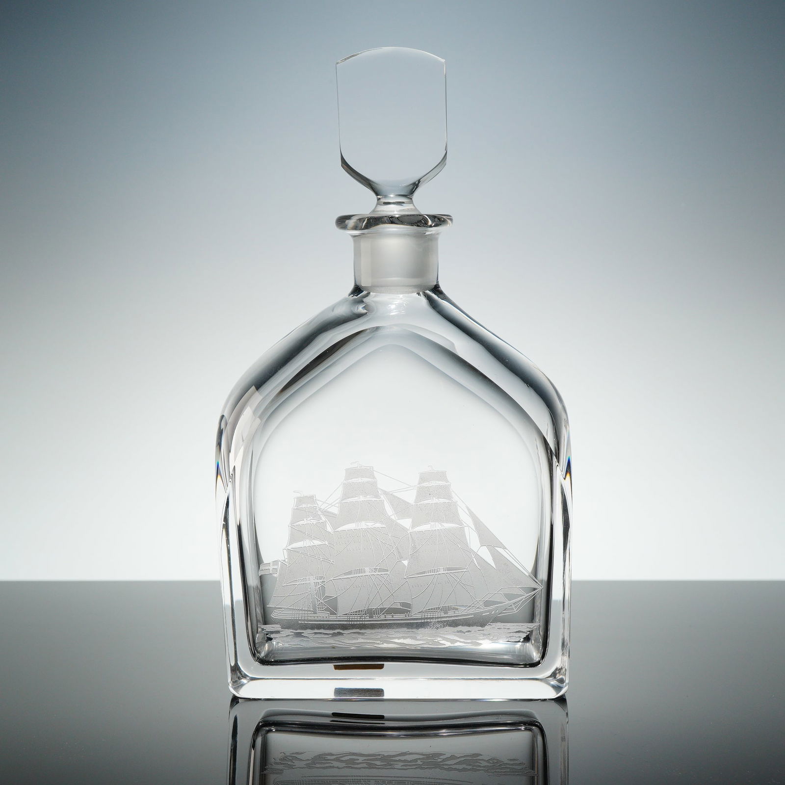 Orrefors Crystal Decanter with Stopper, Engraved Sailing Ship Motif (1 of 5)