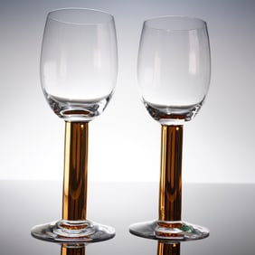 Pair of Orrefors by Gunnar Cyren Nobel Gold Stem Water Goblets