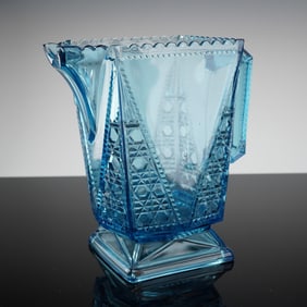 Early American Pressed Glass EAPG Blue Geometric Pitcher