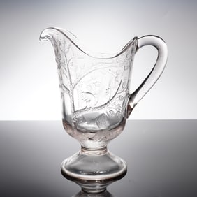 Early American Pressed Glass Pitcher, Woodland Scene