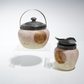 A Pair of Mount Washington Crown Milano Glass Biscuit Jar and Creamer