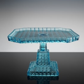 Early American Pressed Glass EAPG Blue Geometric Cake Stand