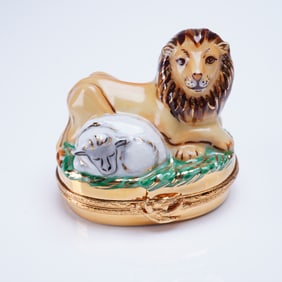 Artoria Limoges Trinket Box Millennium Peace Lion & Lamb Hand-Painted