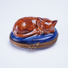 Limoges France Hand-Painted Porcelain Trinket Box, Sleeping Tabby Cat