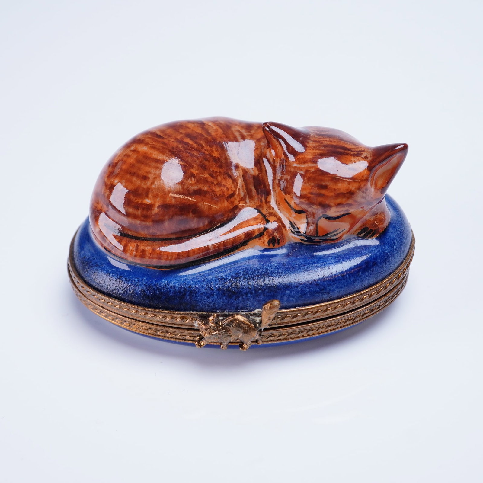 Limoges France Hand-Painted Porcelain Trinket Box, Sleeping Tabby Cat (1 of 4)