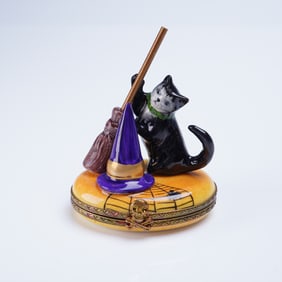 Rochard Limoges Halloween Trinket Box Cat Broom Witch Hat