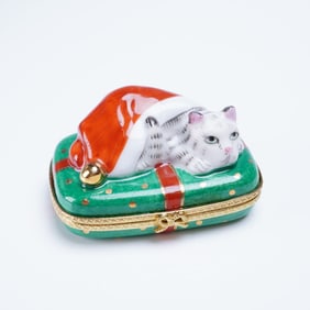 Hand-Painted Porcelain Trinket Box, Christmas Cat Laying on Present