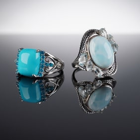 2pc Sterling Silver Blue Cabochon Rings