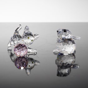 2pc Swarovski Crystal Figurines Field Mouse and Signed Playful Kitten