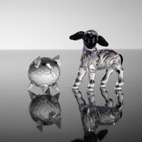 2pc Swarovski Crystal Figurines, Little Lamb and Miniature Pig
