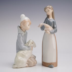 2pc Lladro Porcelain Figurines, Girl with Pig & Shepherd with Lamb