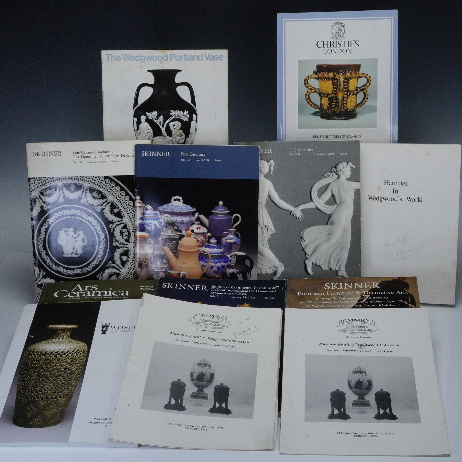 12pc Ceramic Reference Books and Auction Catalogs: This lot includes twelve ceramic reference and auction catalogs focused on Wedgwood and fine ceramics. Highlights include The Wedgwood Portland Vase, Fine British Ceramics from Christies London, Ars