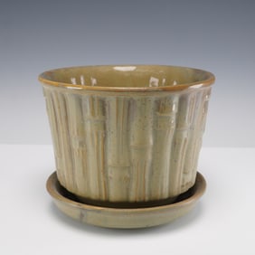 McCoy Pottery Bamboo Planter with Attached Saucer