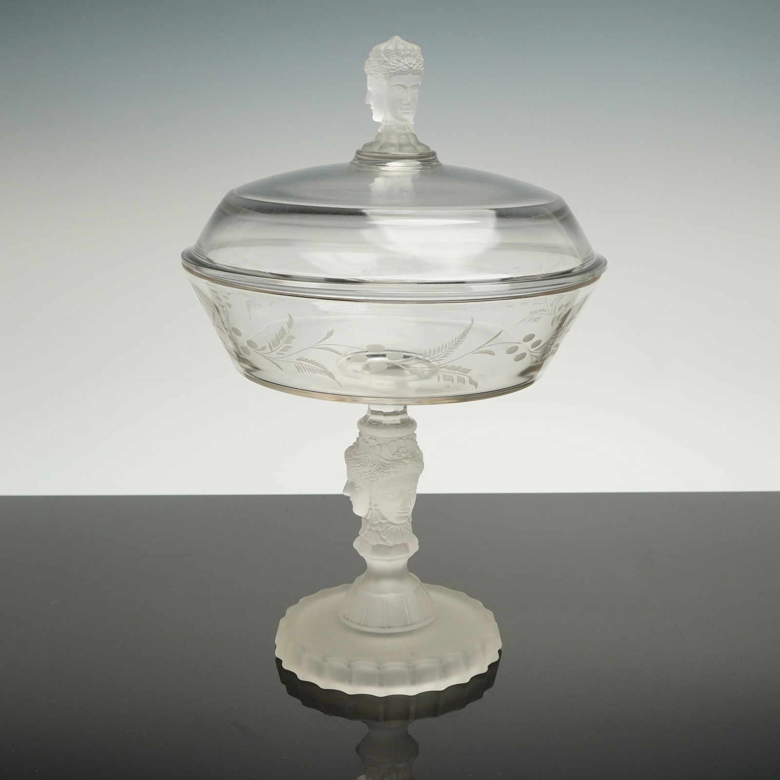 Duncan & Miller Pressed Glass Three Faces Compote with Lid (1 of 4)