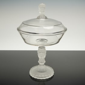 Duncan Miller Pressed Glass Three Faces Covered Compote