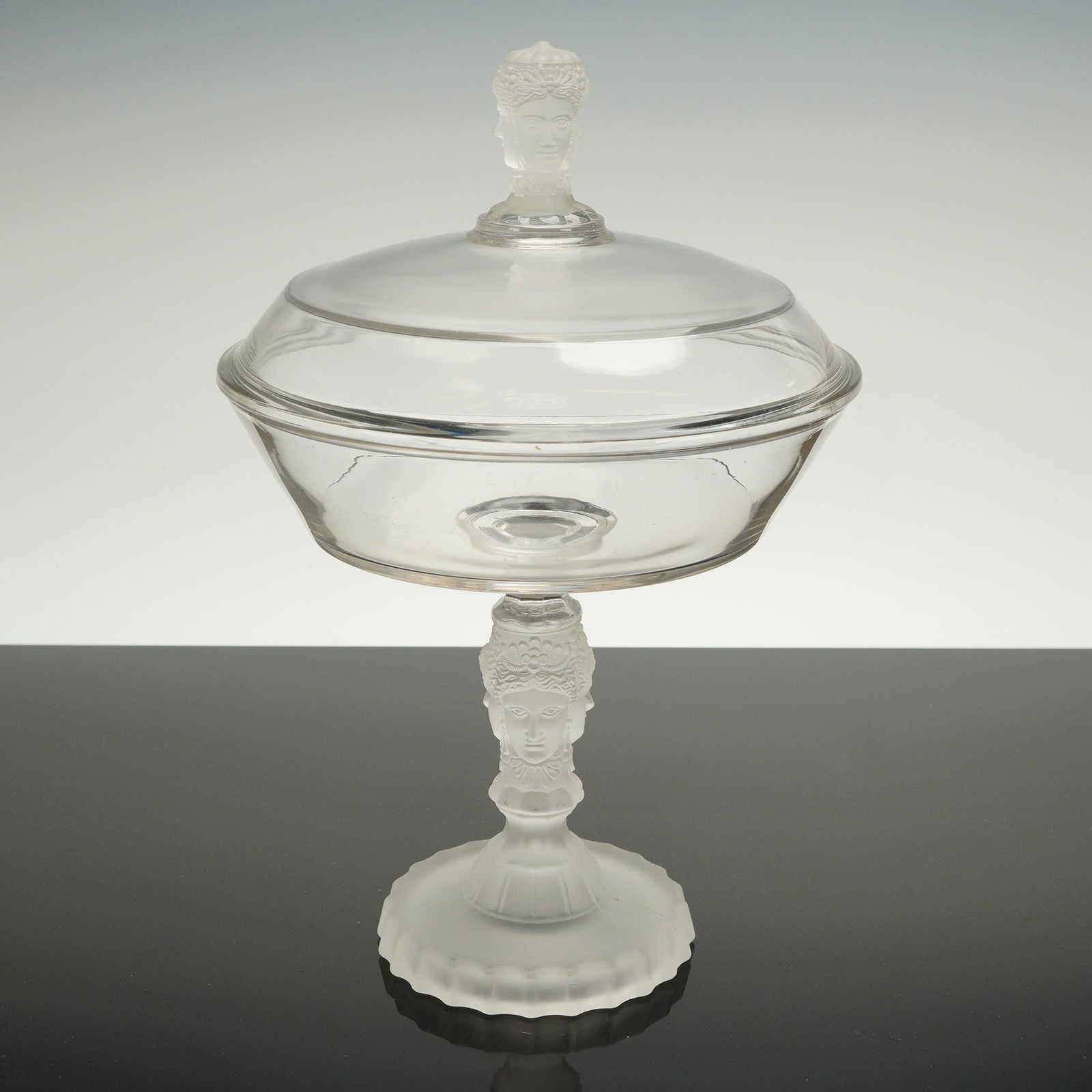 Duncan Miller Pressed Glass Three Faces Covered Compote (1 of 4)