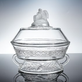 Early American Pressed Glass Covered Compote with Frosted Doves Finial