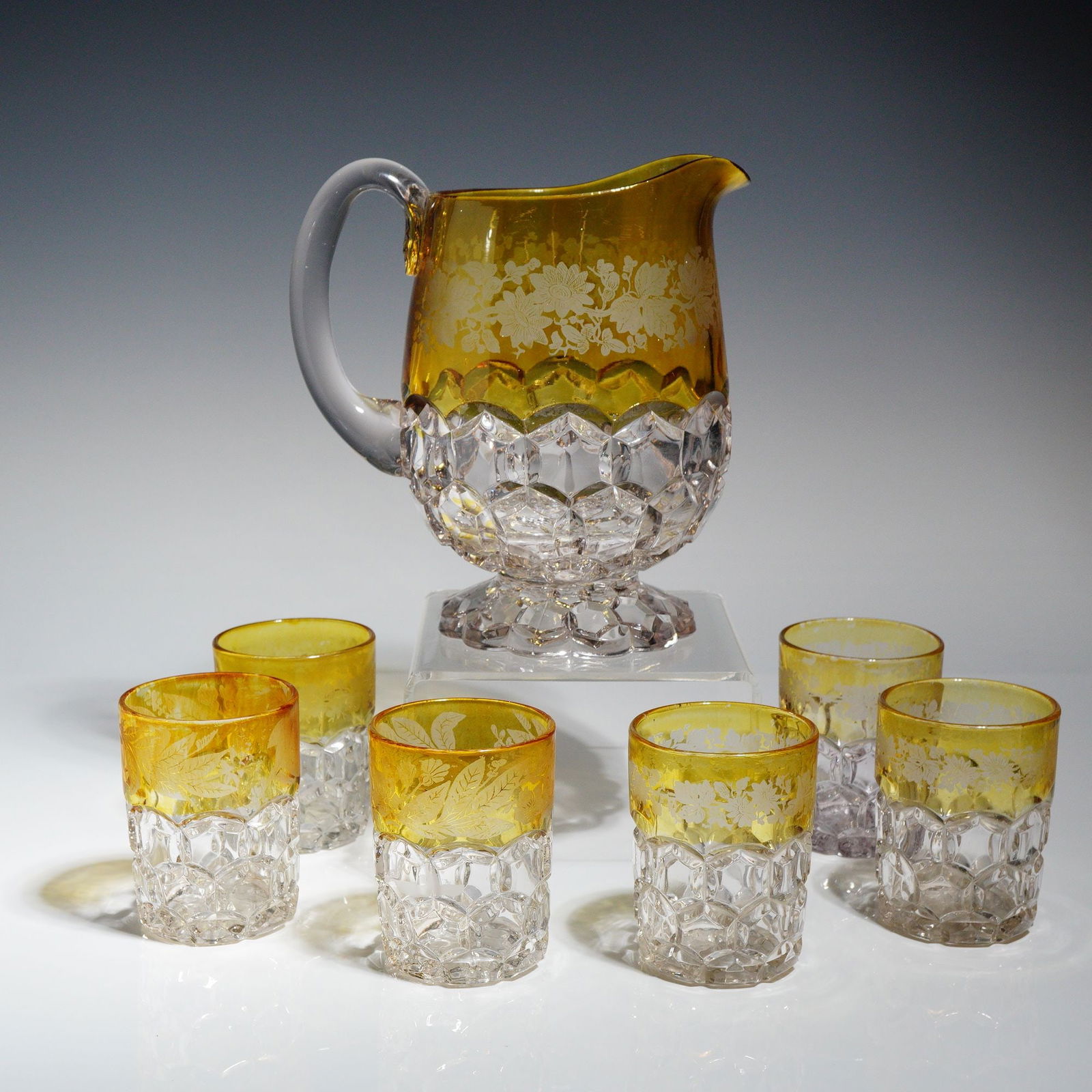 7 Hobbs Brockunier EAPG Hexagon Block Amber Stained Beverage Service (1 of 4)