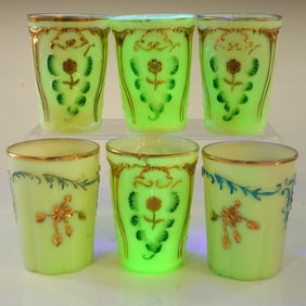 6pc Northwood Uranium Glass Tumblers, Chrysanthemum Sprig