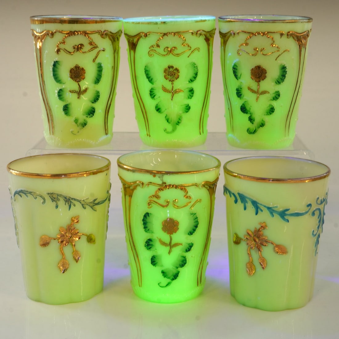 6pc Northwood Uranium Glass Tumblers, Chrysanthemum Sprig (1 of 4)