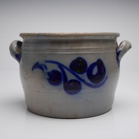 Antique Salt-Glazed Stoneware Pot with Cobalt Blue Decoration