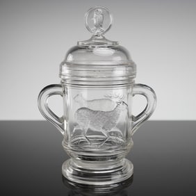 Early American Pressed Glass Stag Pattern Lidded Jar