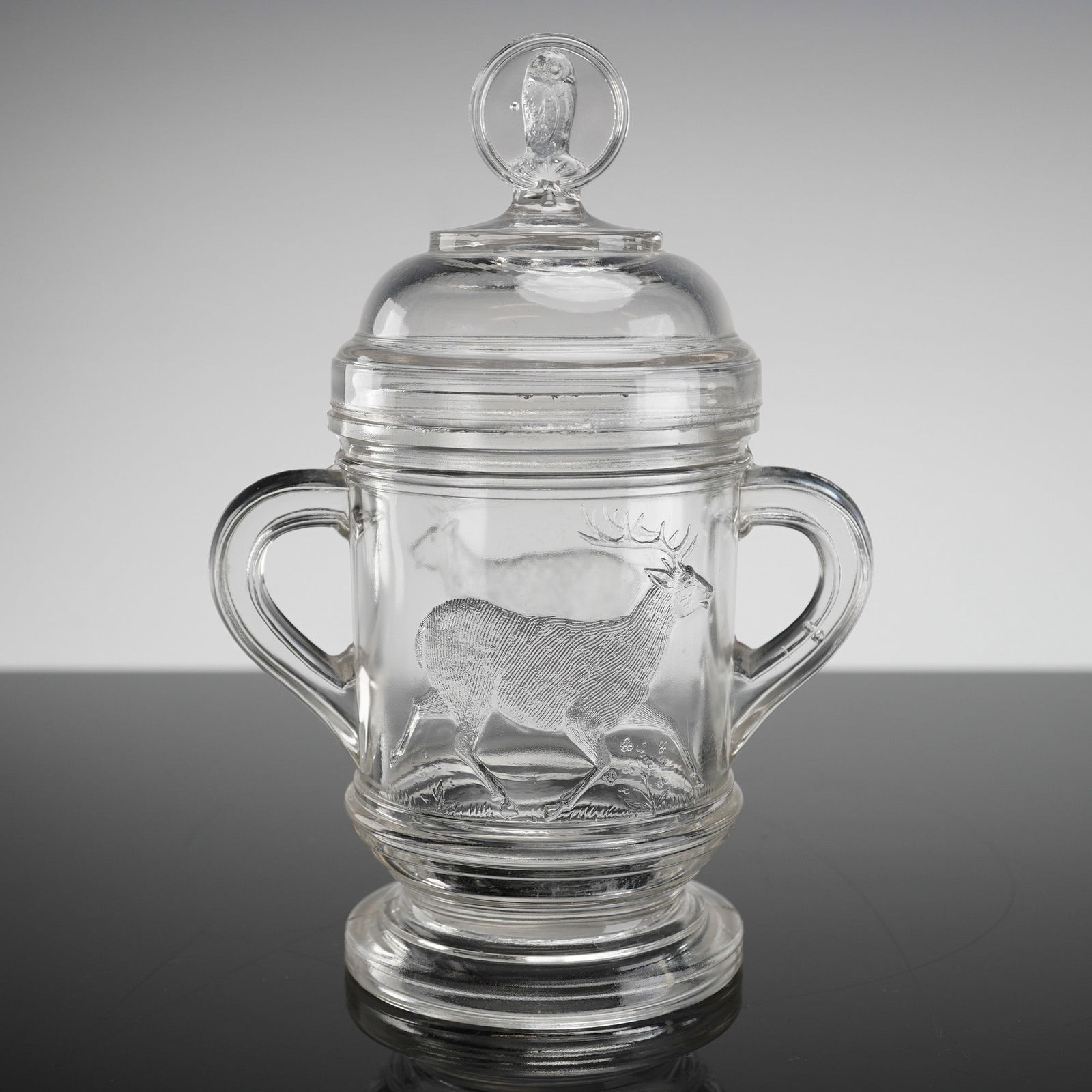 Early American Pressed Glass Stag Pattern Lidded Jar (1 of 3)
