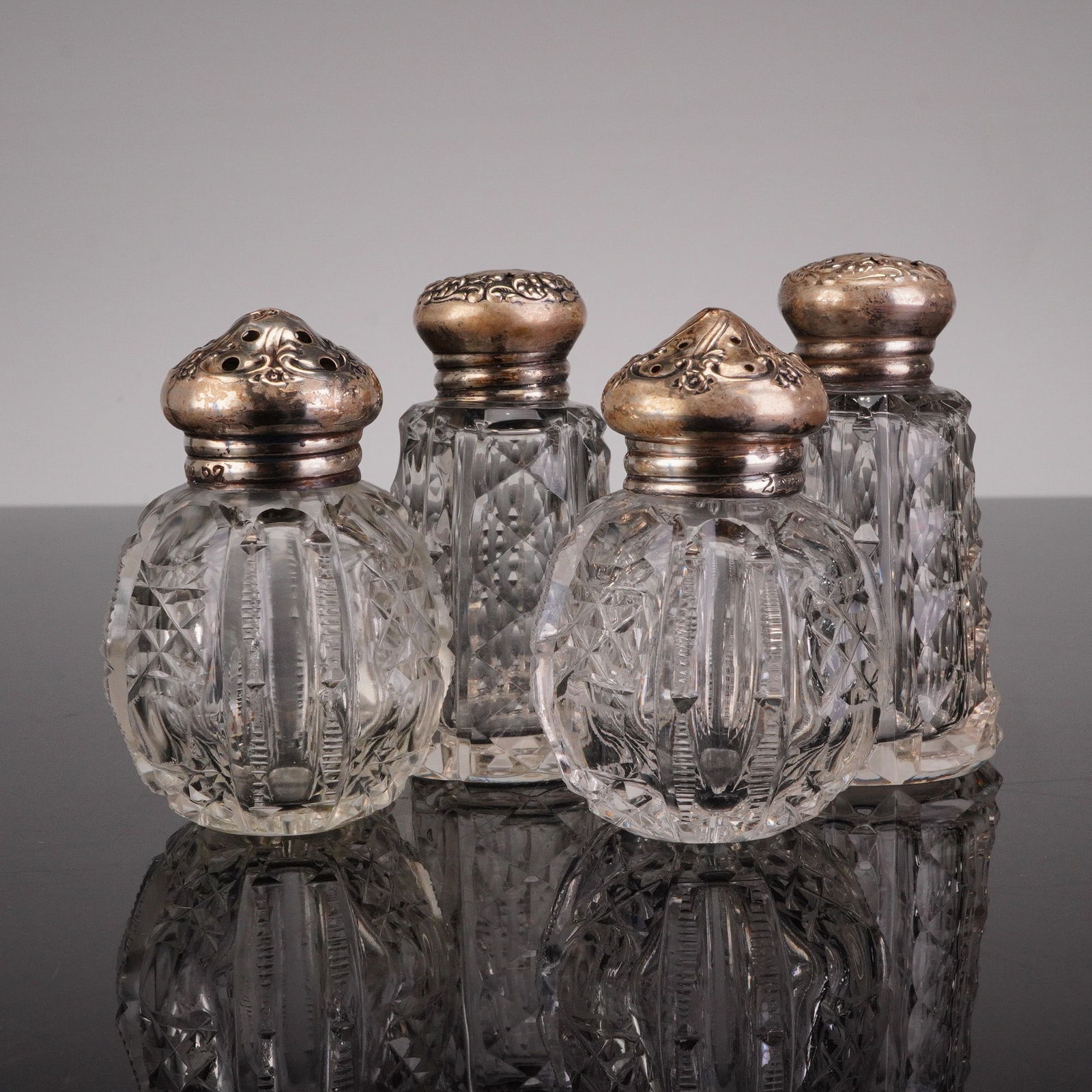 4 American Brilliant Cut Crystal Salt & Pepper Shakers w/ Sterling Lids (1 of 5)