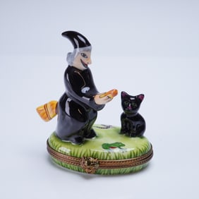 Limoges La Vie en Rose Witch and Black Cat Trinket Box