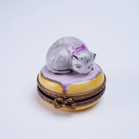 Rochard Limoges France Hand-Painted Sleeping Cat Trinket Box