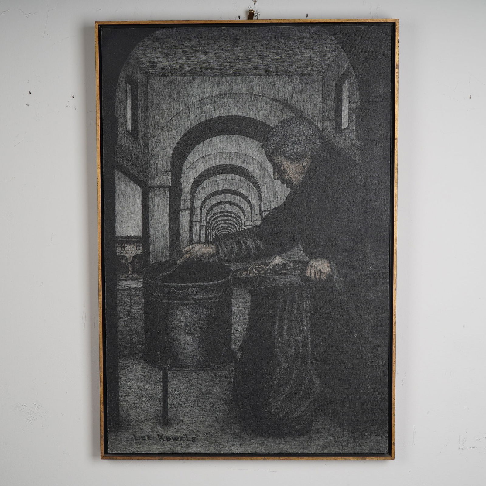 Lee Kowels, Original Oil on Canvas, The Old Lady, Signed: A haunting and evocative work by American artist Lee Kowels, The Old Woman of the Streets is a masterful composition capturing both the solitude and dignity of an elderly woman as she ladles food from