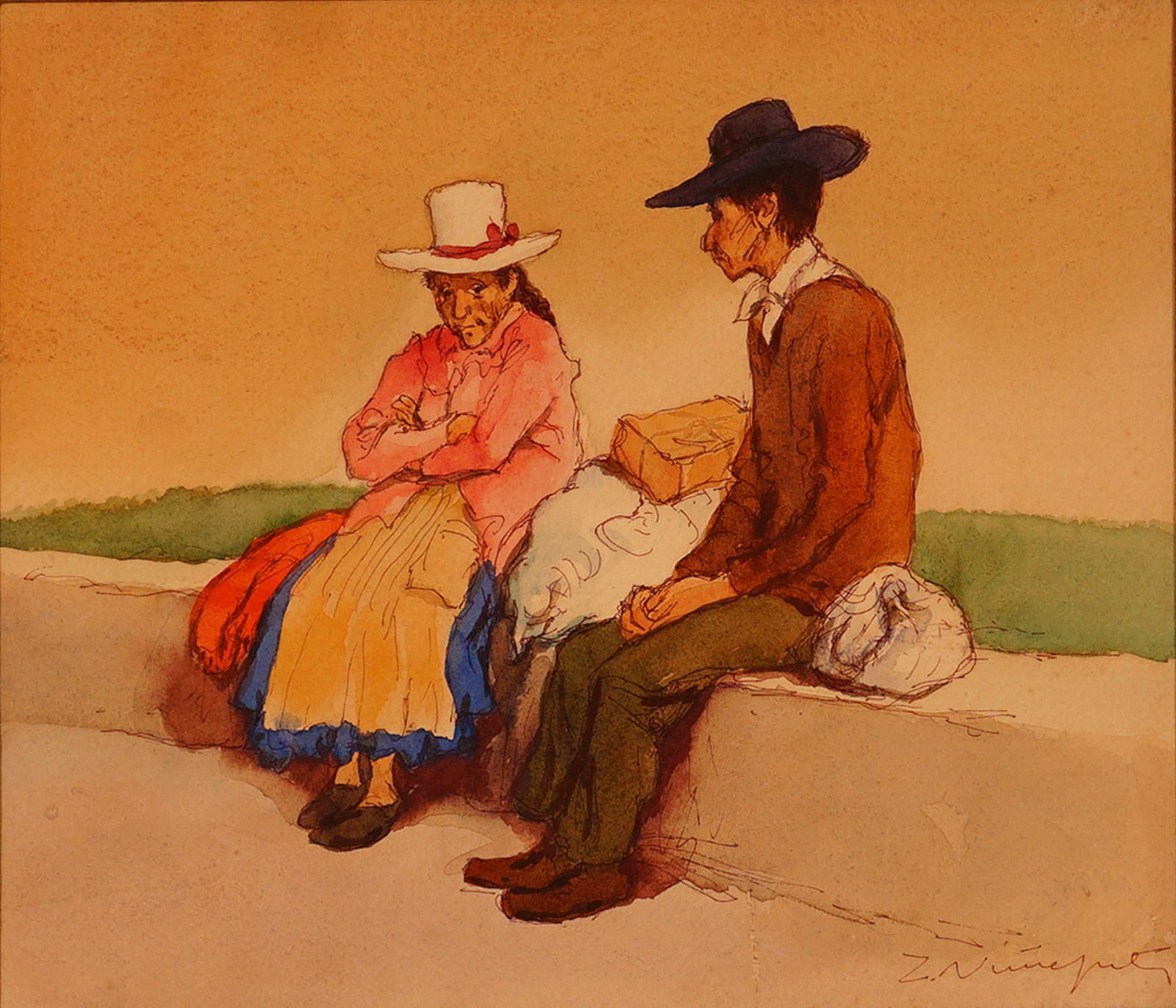 Watercolor and Ink on Paper Painting, Andean Couple, Signed (1 of 4)