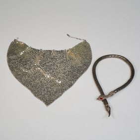 2pc Whiting and Davis Silver Mesh Bib Necklace & Snake Coil Mesh Necklace