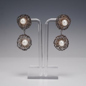 2pc Wirework Drop Earrings with Simulated Pearls