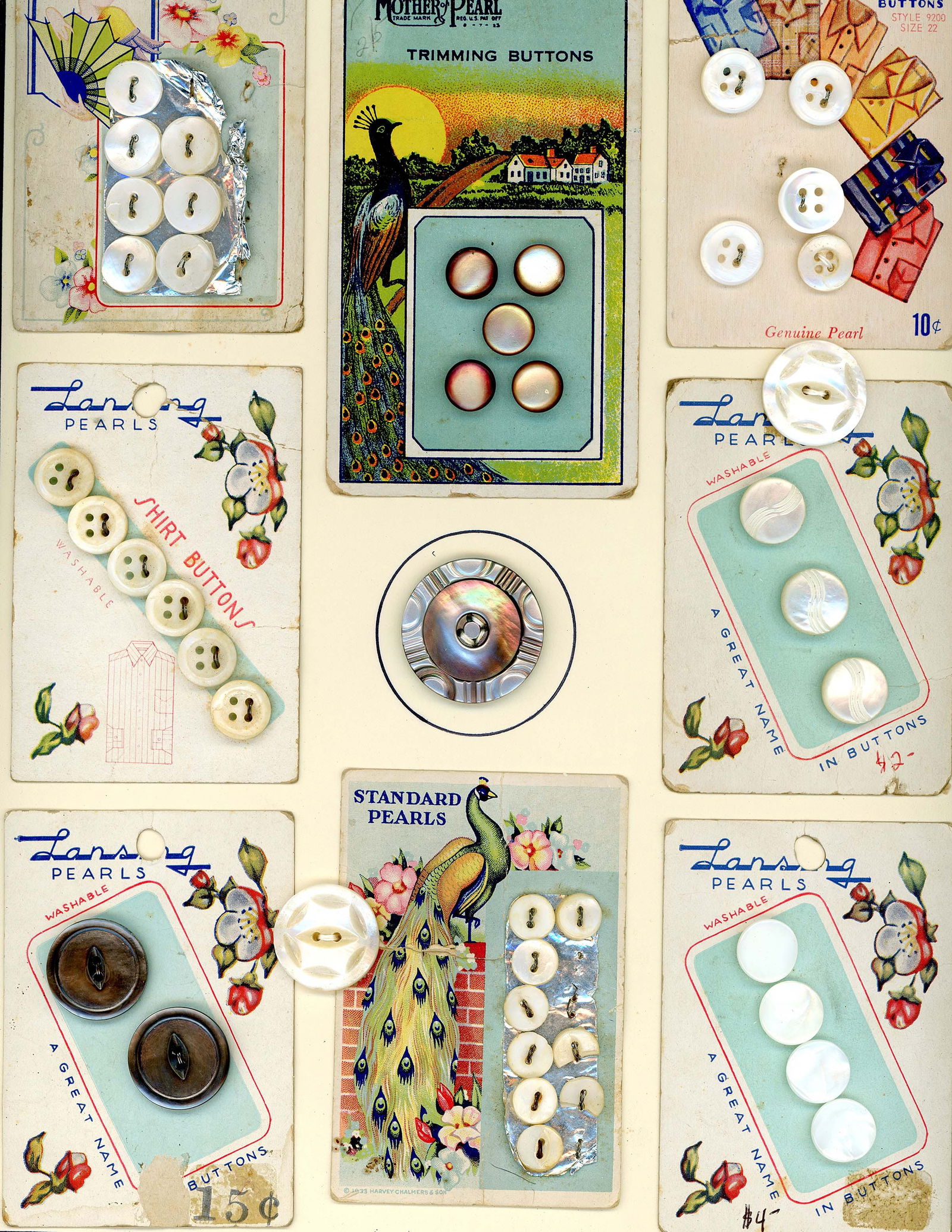 A card of sets of buttons on original store cards: 8 cards including 49 small & medium pearl buttons. Here is a great selection of original store card examples. The buttons in this case are not the focal part as much as the colorful designed cards