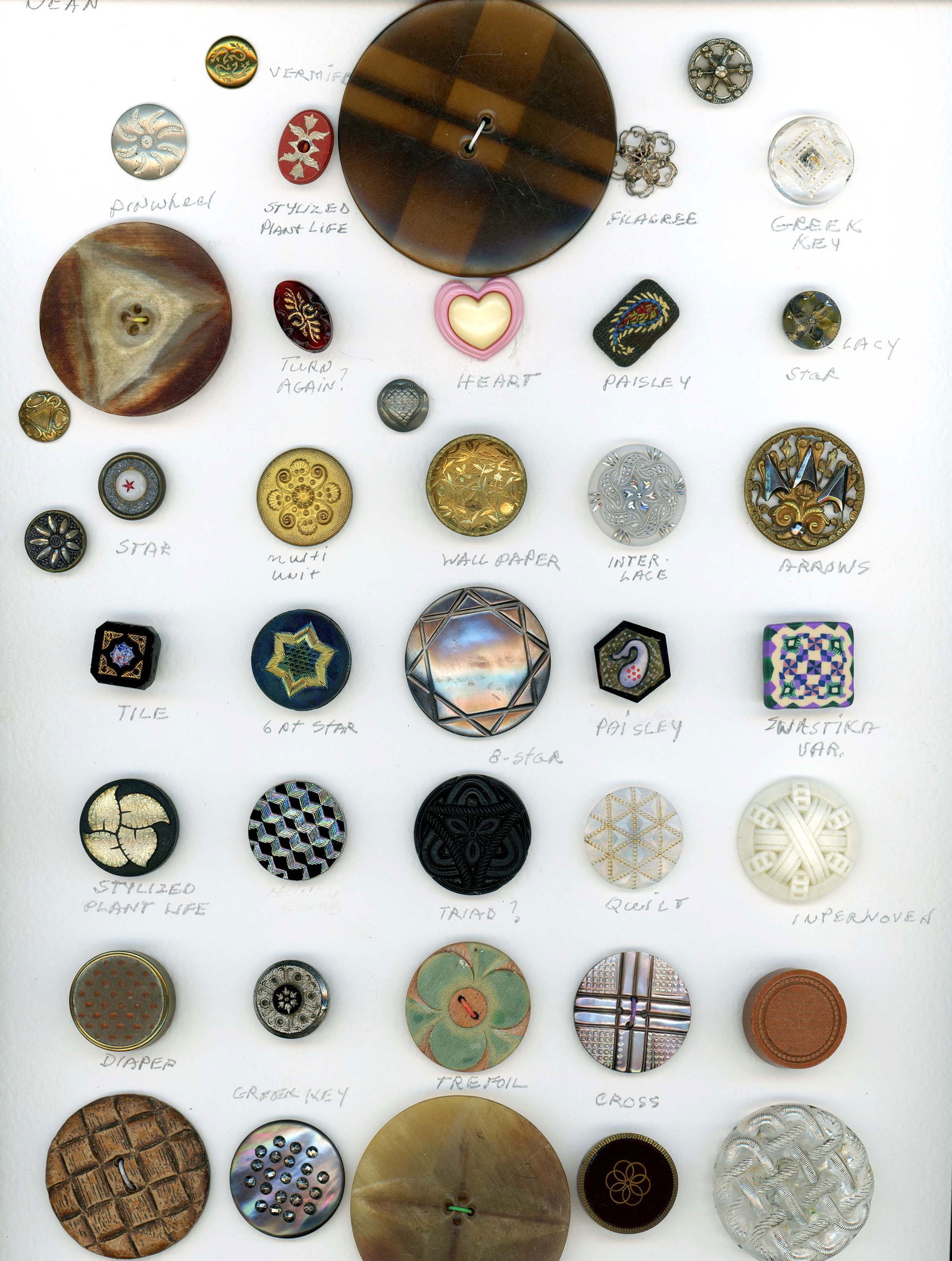 A large selection of assorted material buttons: 40 Small/Medium/Large Ex Large 19th-20th C. pattern examples. Many collectors today are immersed in patterns on buttons and this card includes a large selection and variety of assorted patterns in