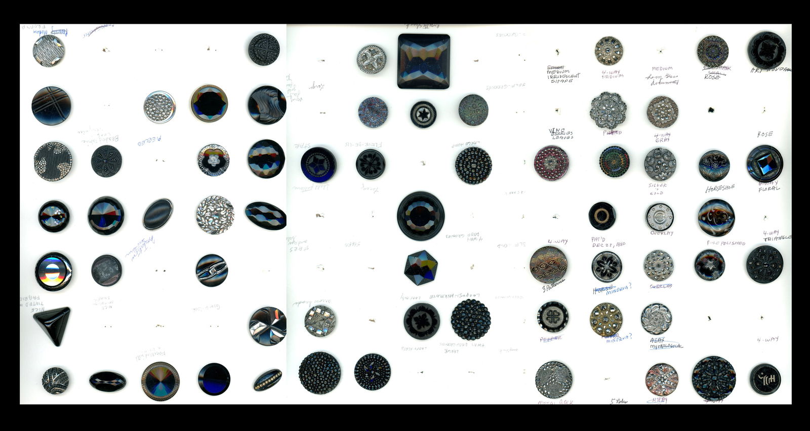 3 Cards of assorted style black glass buttons: 65 Medium/Large 19th-20th century assorted technique examples. This lot of black glass includes some very nice silver luster examples, faceted examples, shapes, Lacy style, other colored lusters and