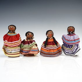 4pc Handcrafted Cloth Dolls with Beadwork and Ribbon Trim