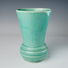 A Vintage McCoy Pottery Turquoise Color Ribbed Base Trumpet Vase