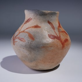Hand Painted Redware Pot with Leaf Motif