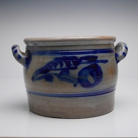 Westerwald Salt Glazed Stoneware Cobalt Blue Handled Crock