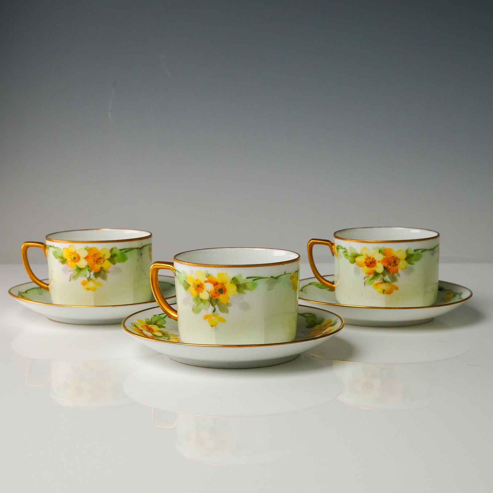 6pc Hand-Painted Yellow Floral Porcelain Cup & Saucer Trio, Austria (1 of 6)