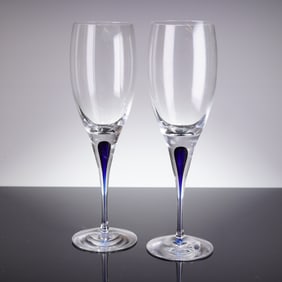 A Pair of Orrefors Intermezzo Blue White Wine Glasses