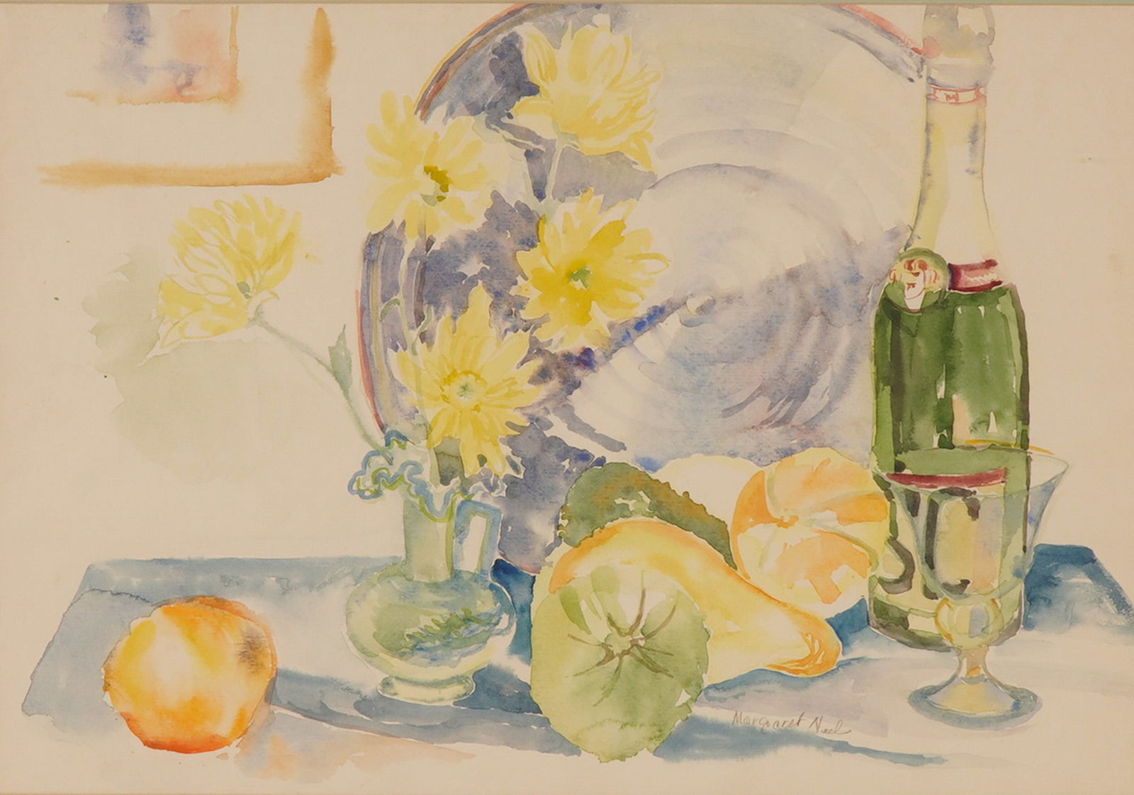 Margaret Neel, Watercolor on Paper, Still Life w/ Bottle & Flowers, Signed (1 of 7)