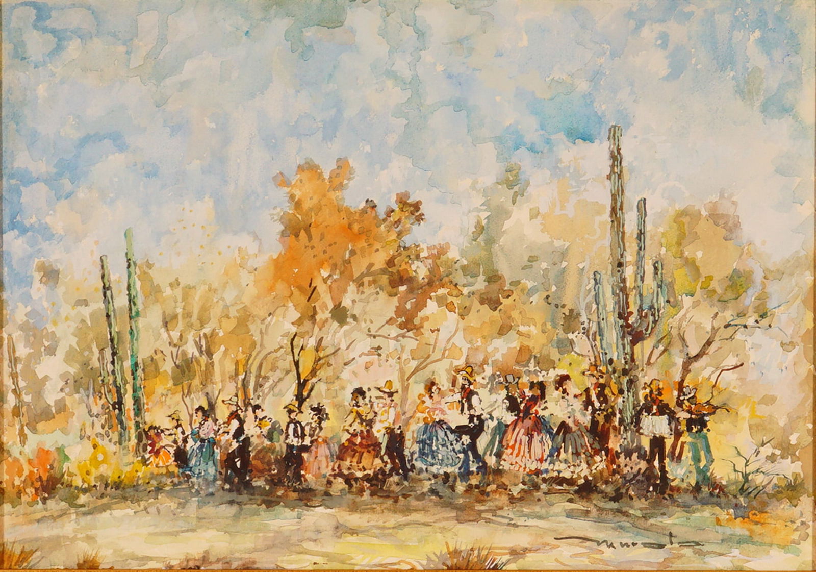 Original Watercolor on Paper, Western Dancing Scene, Signed: A charming watercolor on paper depicting a lively Western dancing scene framed by desert foliage and tall cacti. Rendered in fluid strokes and warm desert hues, the composition captures the rhythmic