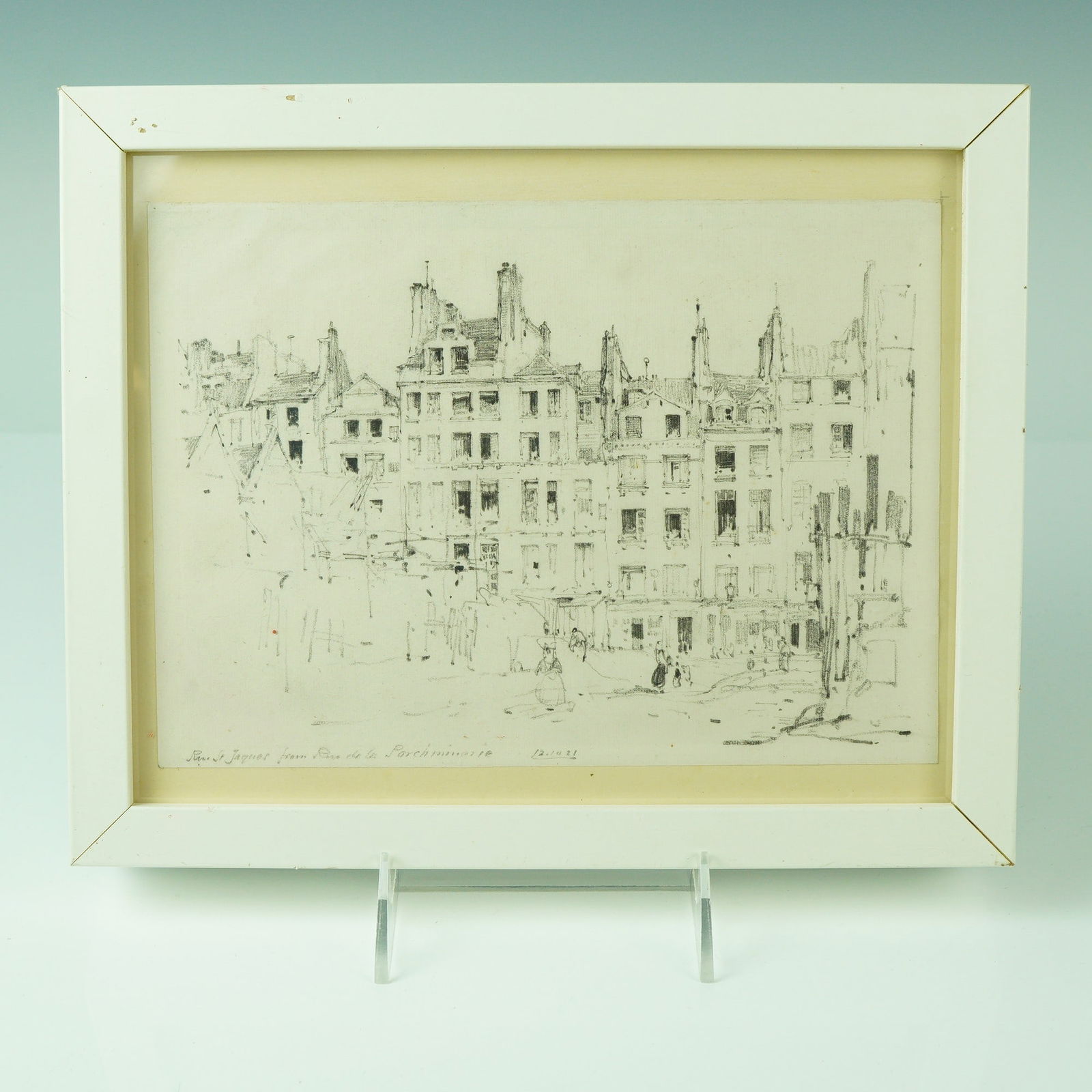 Original Charcoal Drawing, Rue St Jacques from Rue de la Parchminerie, 1921: Original charcoal drawing titled in pencil at the lower margin "Rue St Jacques from Rue de la Parchminerie" and dated 12.10.21. The composition captures a street view of historic Paris, with tall