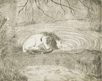 B. Smoler, Etching on Paper, Resting Lion by the Water, Signed