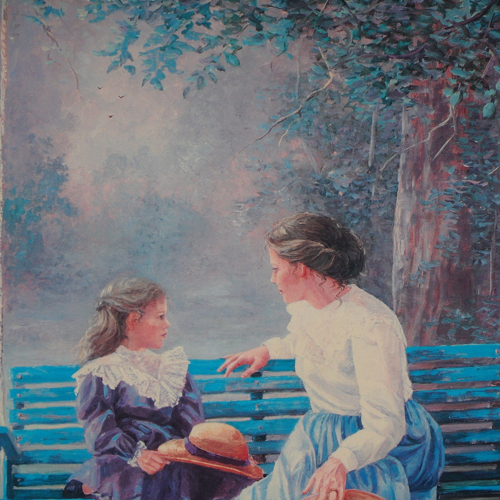 Bettie Felder, Offset Color Lithograph on Paper, Thru God's Grace: A serene and tender depiction of maternal affection, Thru God's Grace by Bettie Felder captures a timeless moment between a mother and her young daughter. Seated on a turquoise bench in a lush